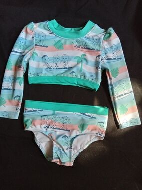 CoComelon Kids Long-Sleeve Two-Piece Swim Set in Mint and Coral NWOT